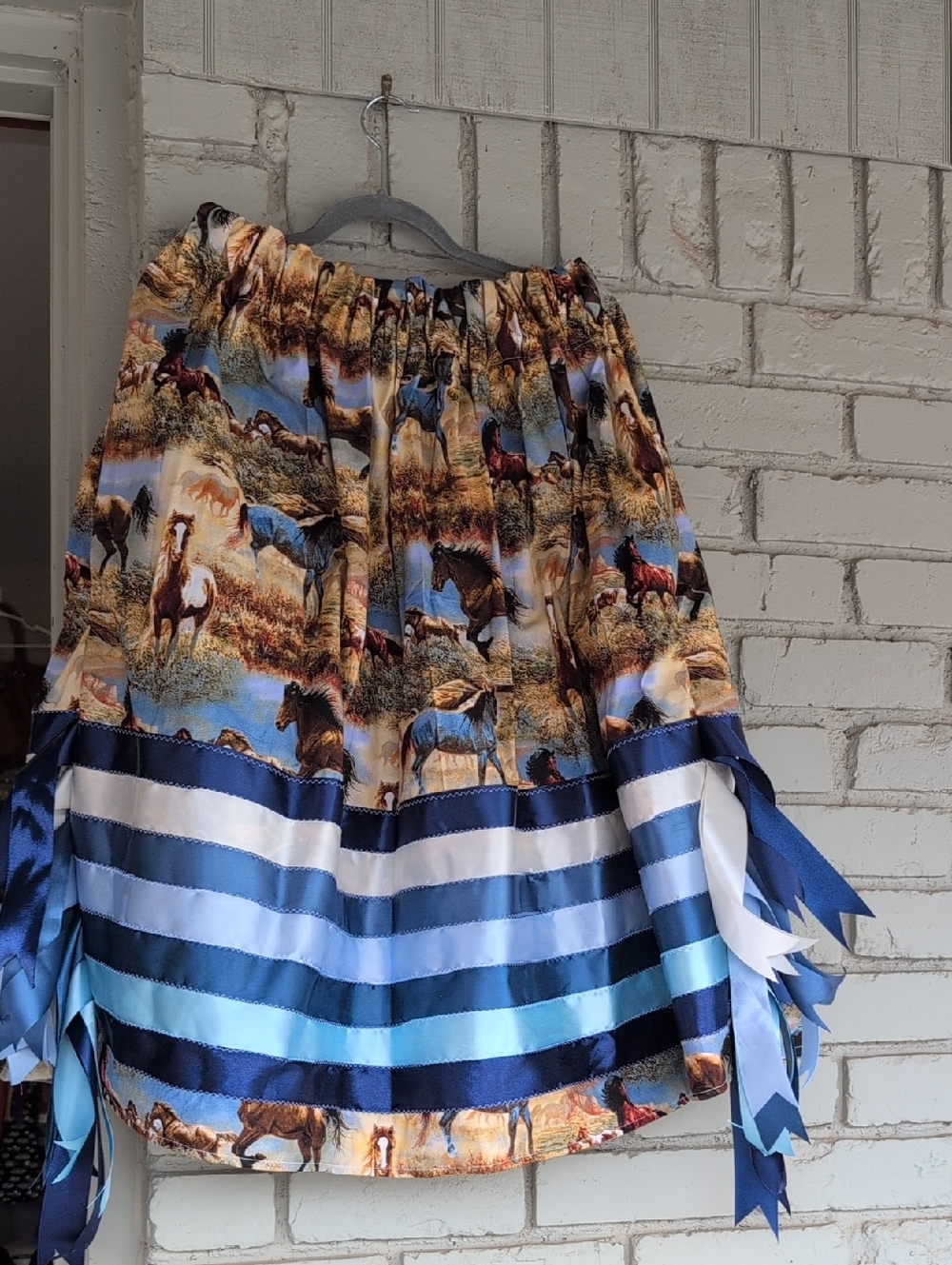 Blue Horse-Print Native  Ribbon Tiered Skirt